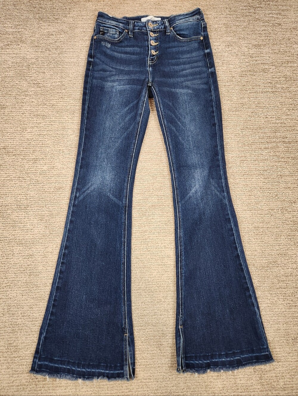 Kancan Flare Button Fly Jeans Women 27x34 Stretch Dark Wash Denim Frayed Raw Hem